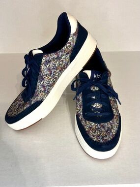 Kizik Sneakers Shoes Floral Canvas w Navy Blue Suade Accents-Sz Men 9.5 Woman 11